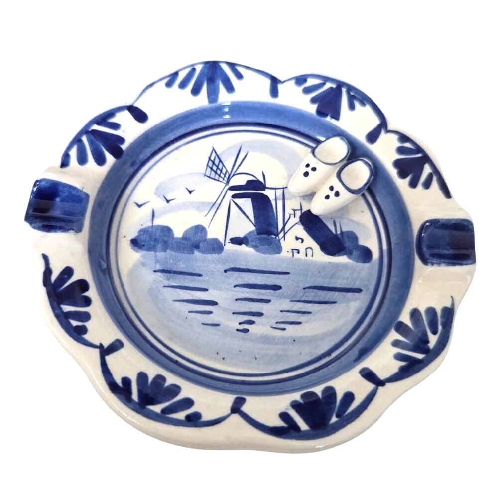 Vintage Delfts Blue White Windmill Ashtray Clogs on Edge Hand Painted Dutch